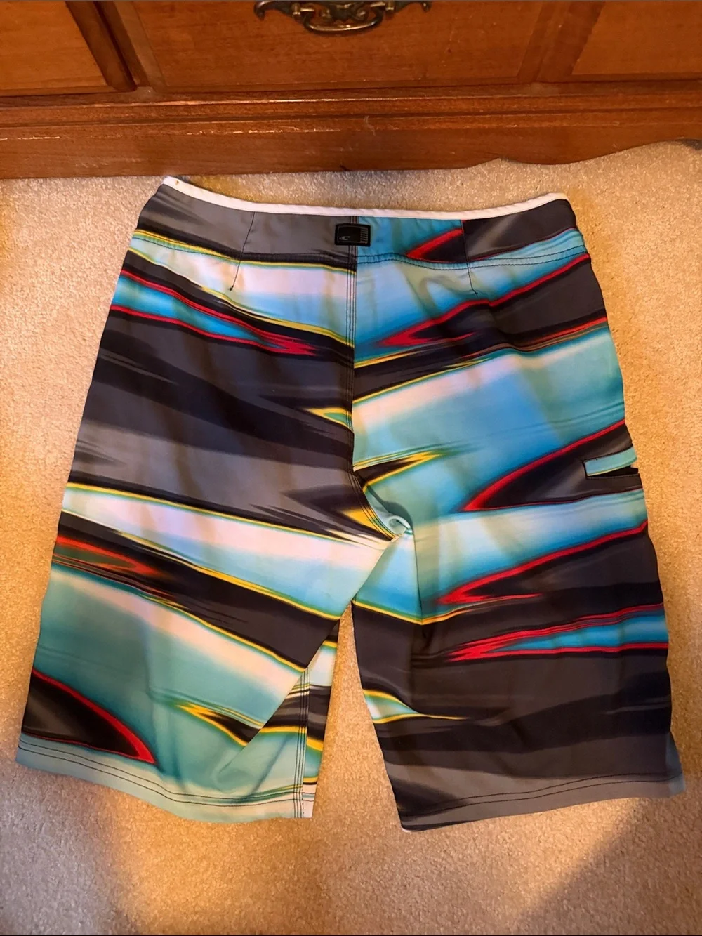 O'Neill Teal Black Red Stripe Hybrid Boardshorts